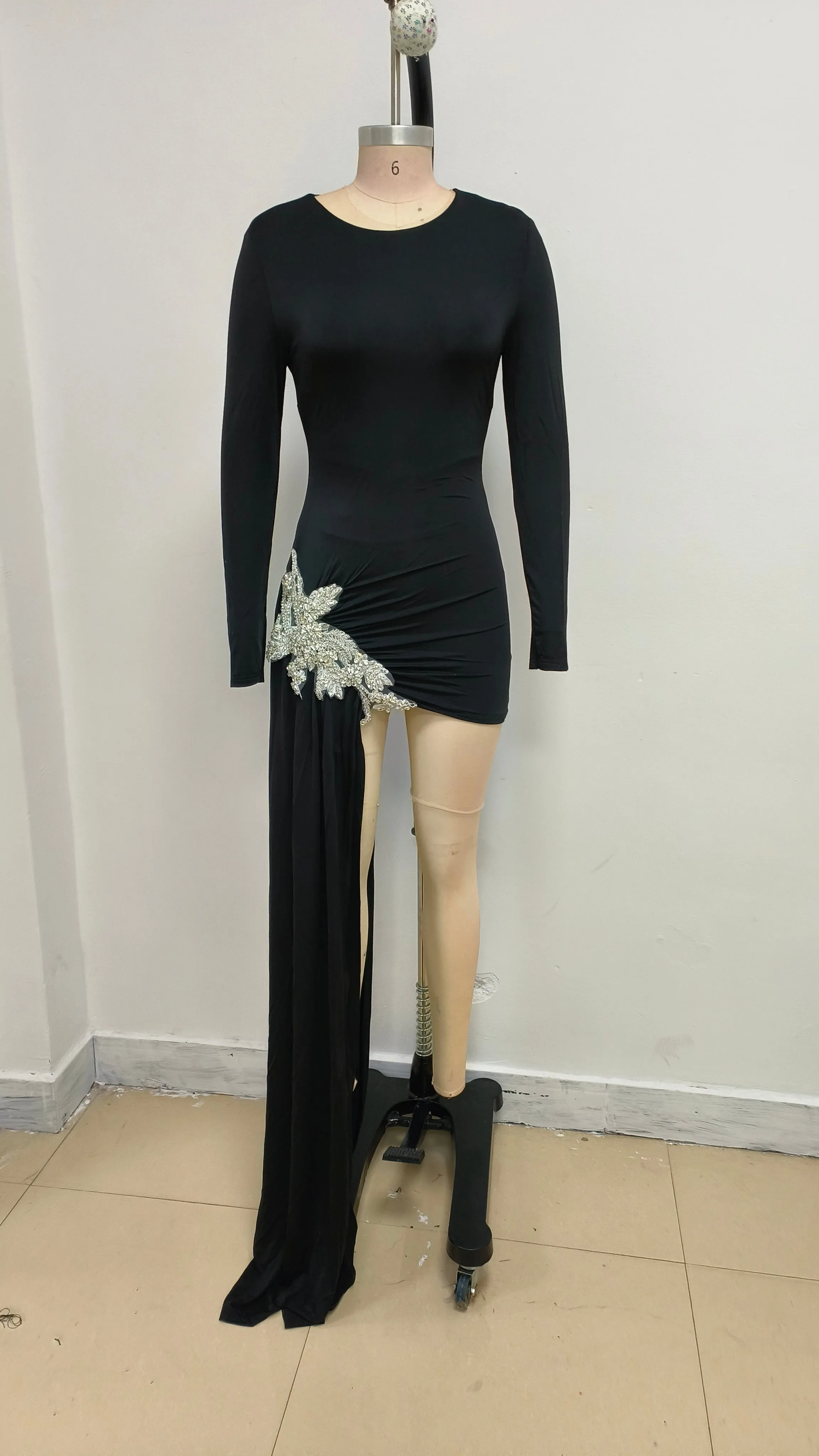 Sparkly Crew Neck Crystal Draped Bandage Bodycon Party Micro Mini Dress