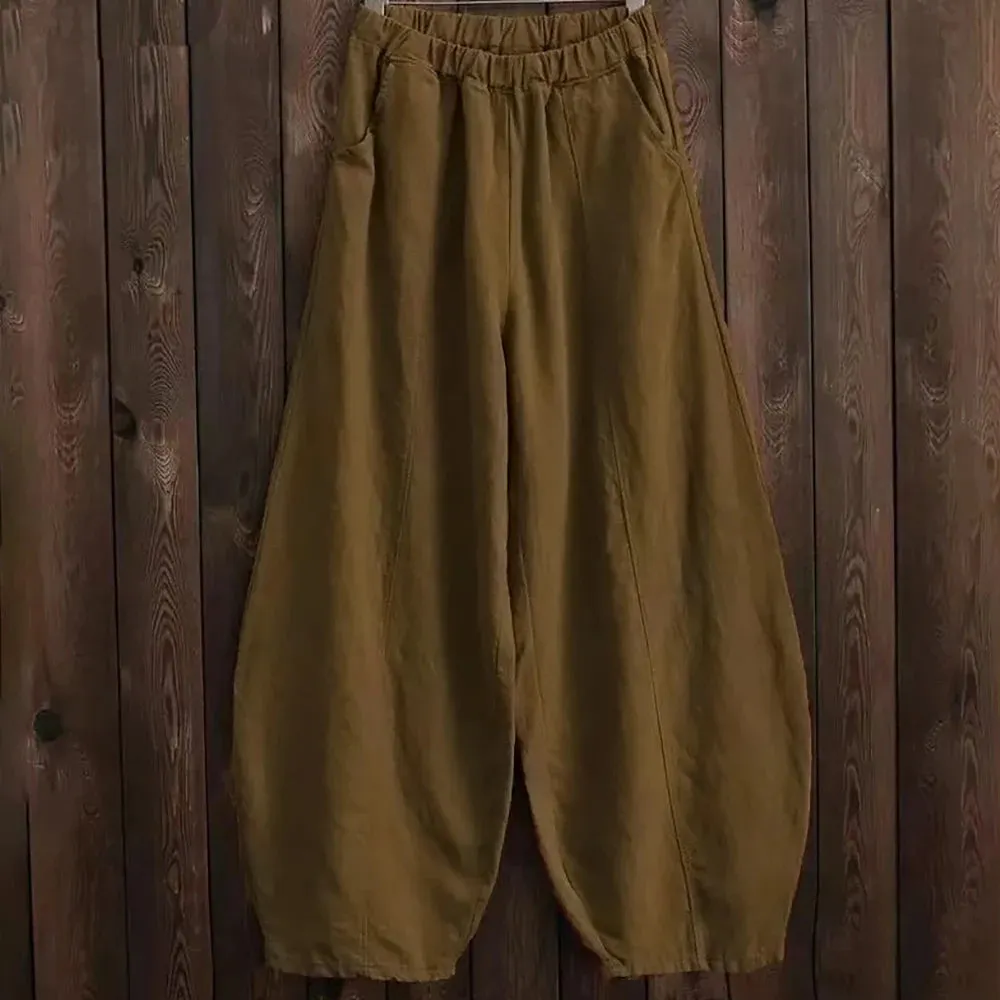 Spring Summer Cotton Linen Style Bloomers Wide Leg Pants Women Vintage Full Length Elegant Pants Solid Elastic Waist S-5XL