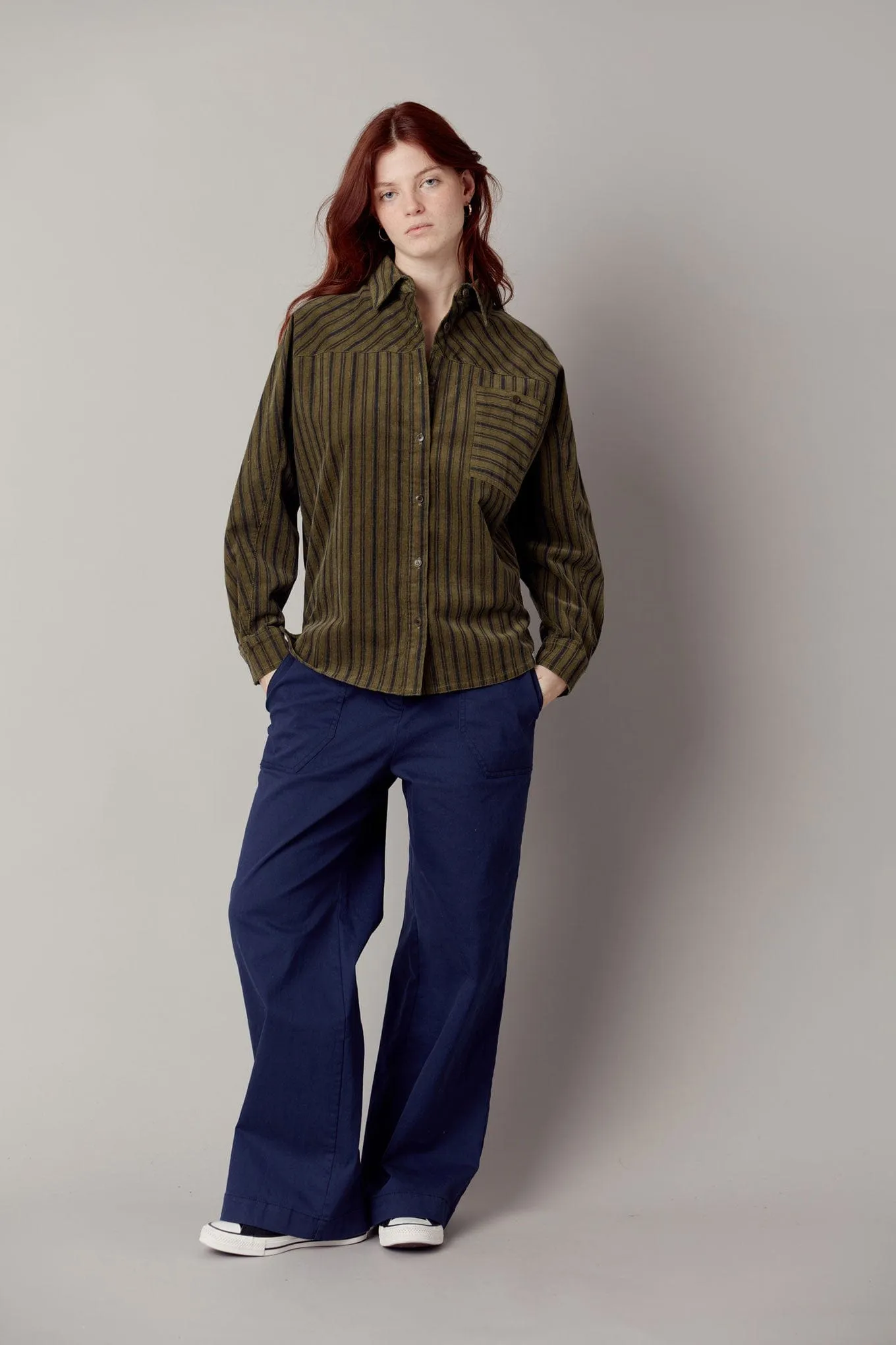 Stella Organic Cotton Needle Cord Shirt | Green Stripe