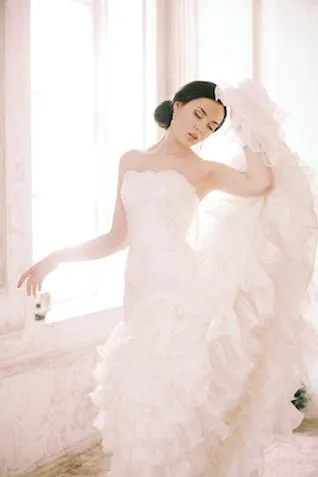 Strapless Lace Wedding Gown with Tiered Organza Skirt