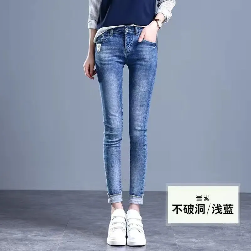 Streetwear Skinny Ripped Hole Jeans For Women 2022 High Waist Vintage Blue Pencil Denim Pants Korean Capris Slim Cowboy Trousers