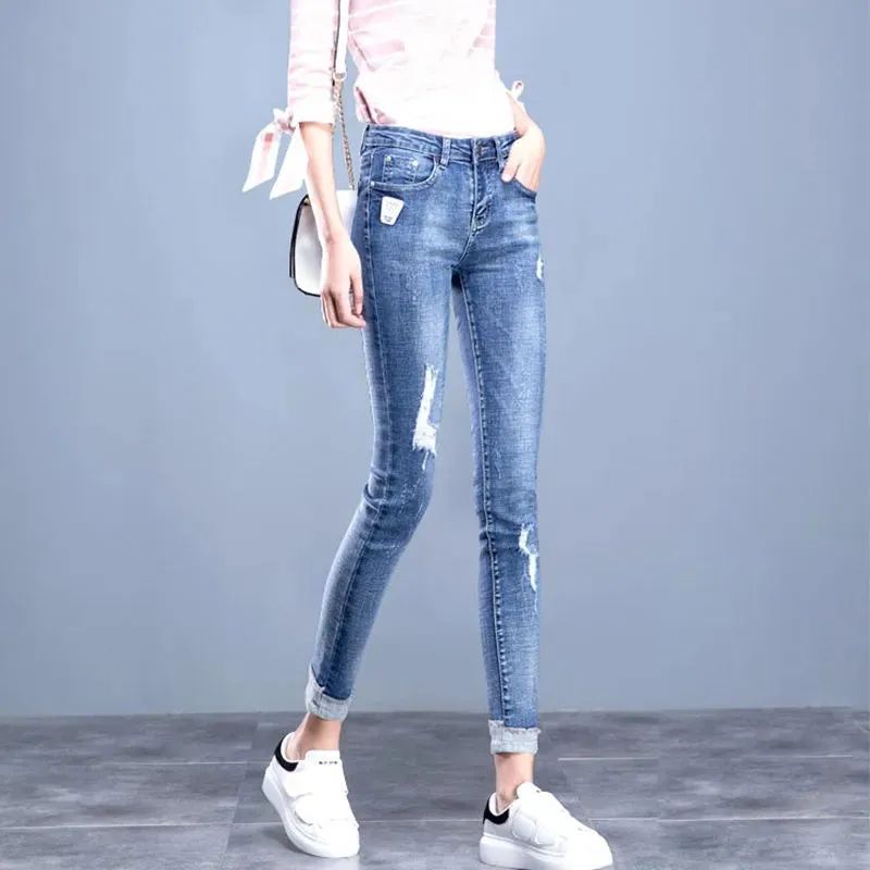 Streetwear Skinny Ripped Hole Jeans For Women 2022 High Waist Vintage Blue Pencil Denim Pants Korean Capris Slim Cowboy Trousers