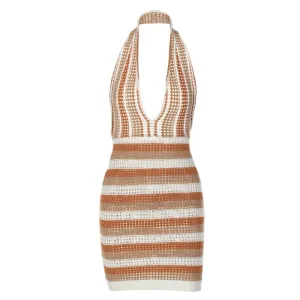 Stripe V-Neck Halter Mini Dress