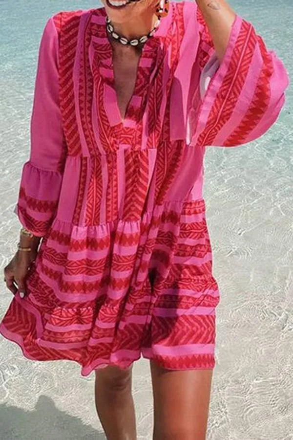 Striped Pleated Flared Sleeve Dress
