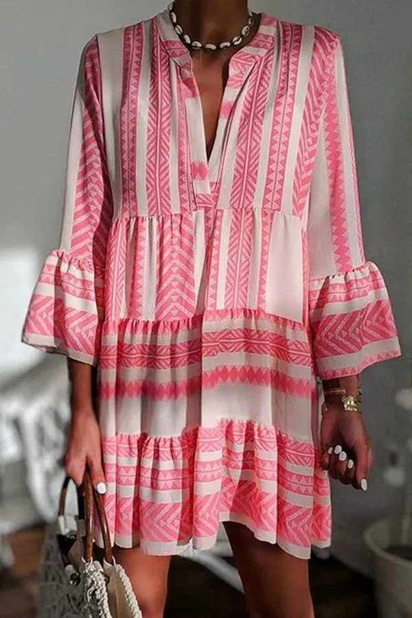 Striped Pleated Flared Sleeve Dress