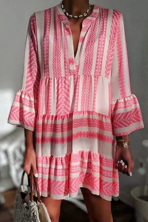 Striped Pleated Flared Sleeve Dress