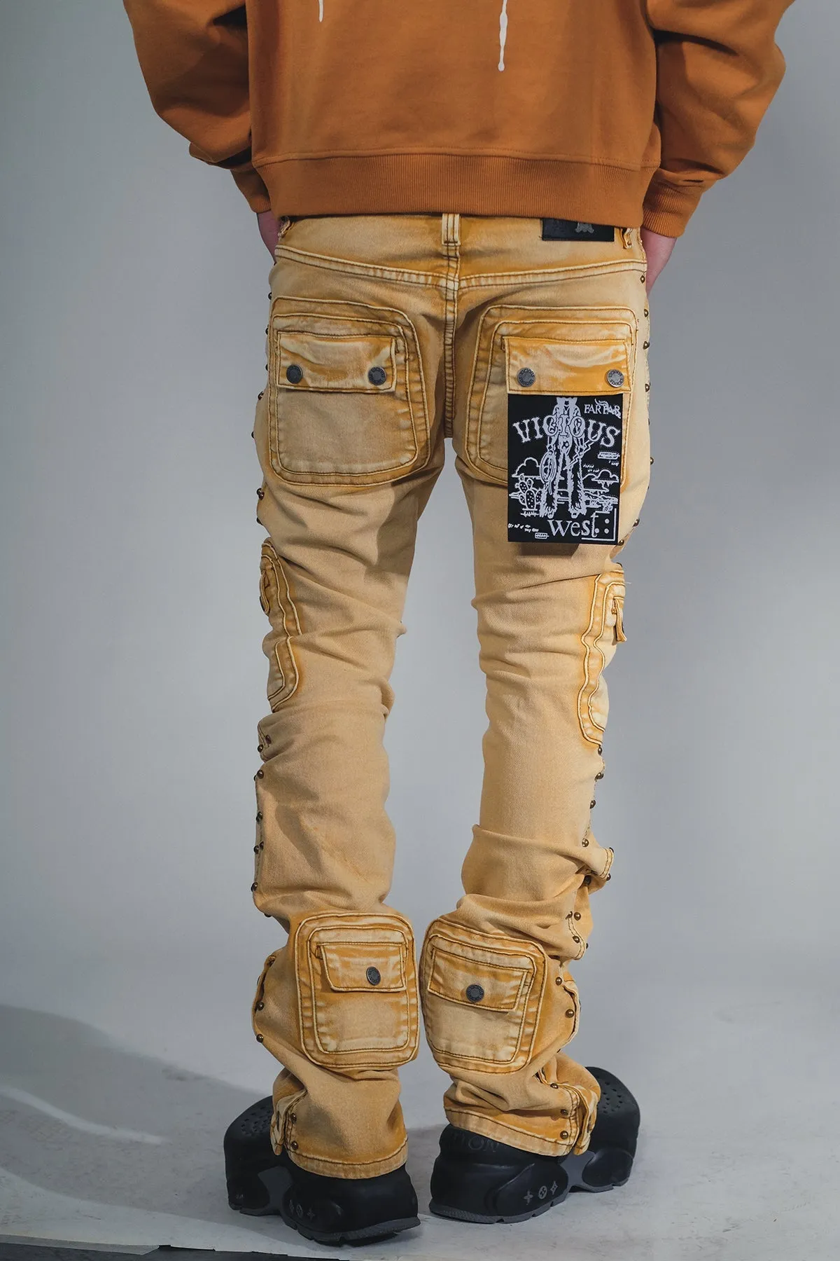 Studded warrior cargo flare fit denim