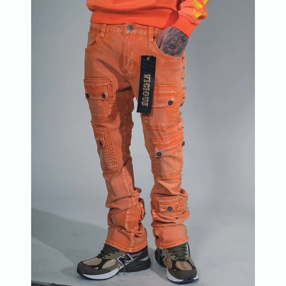 Studded warrior cargo flare fit denim