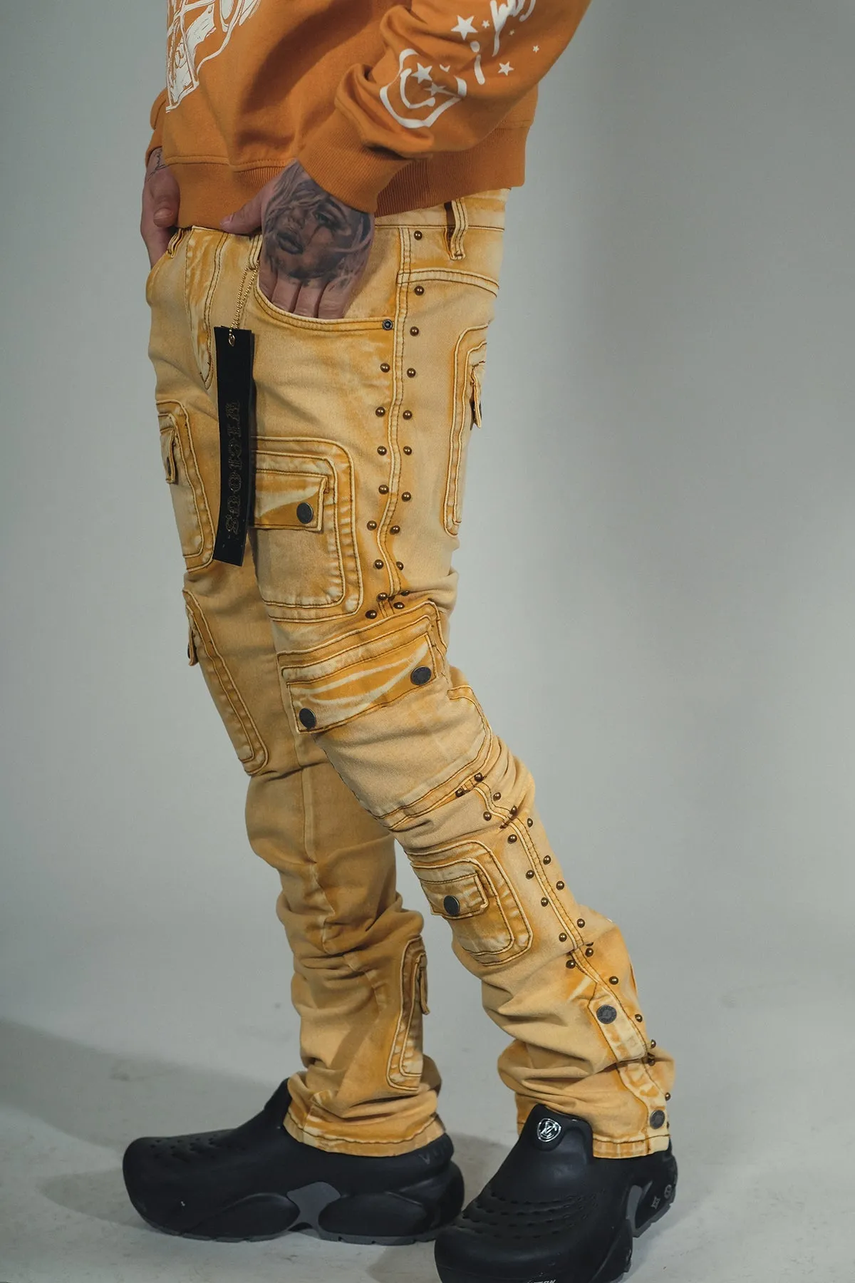 Studded warrior cargo flare fit denim