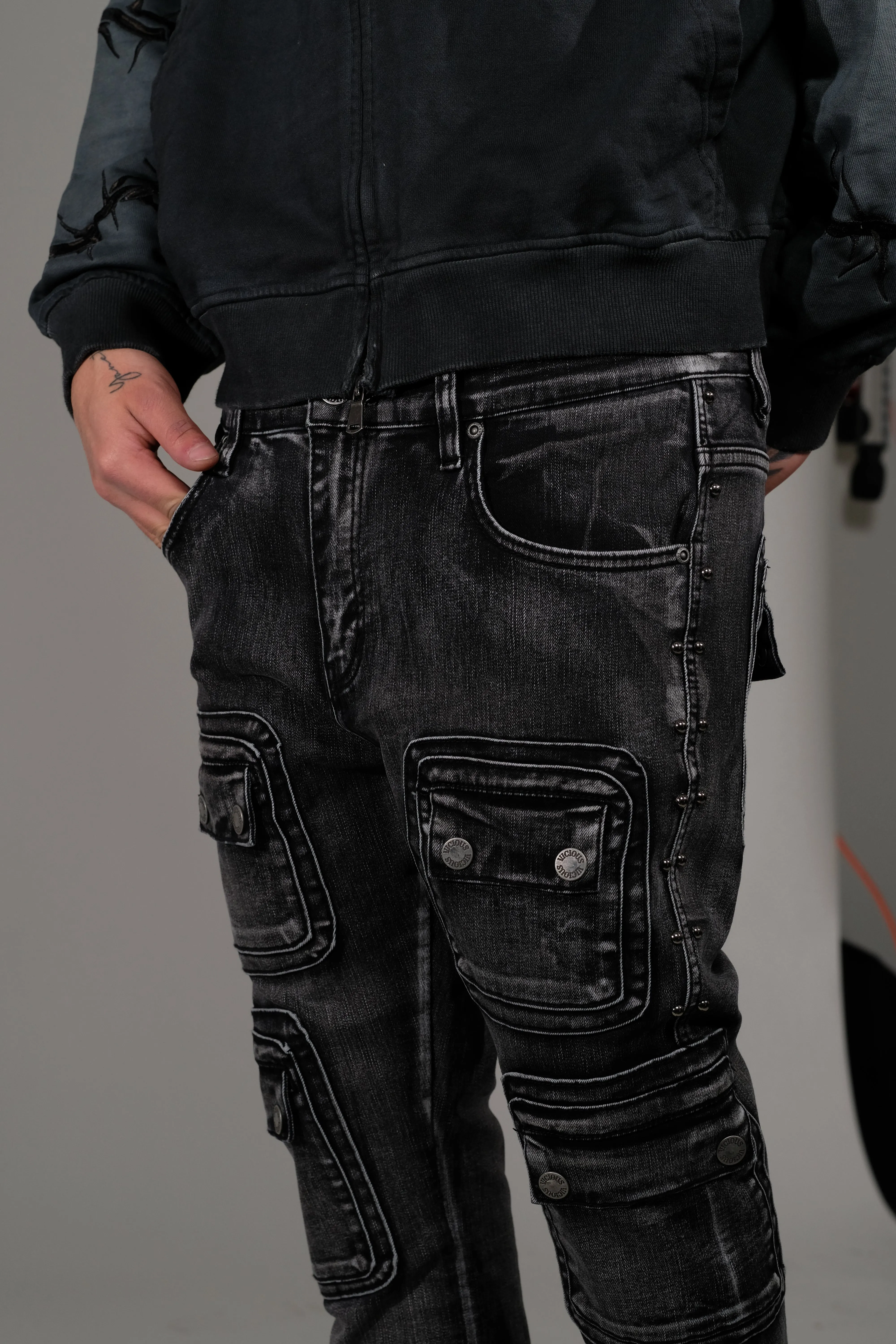 Studded warrior cargo flare fit denim