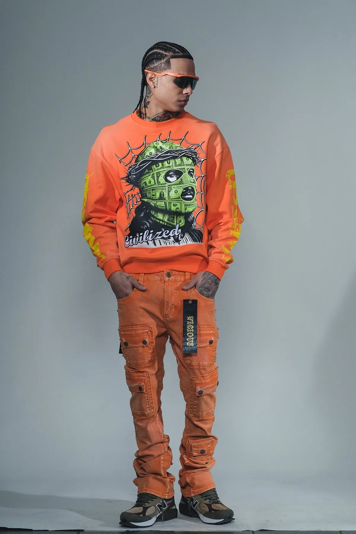 Studded warrior cargo flare fit denim