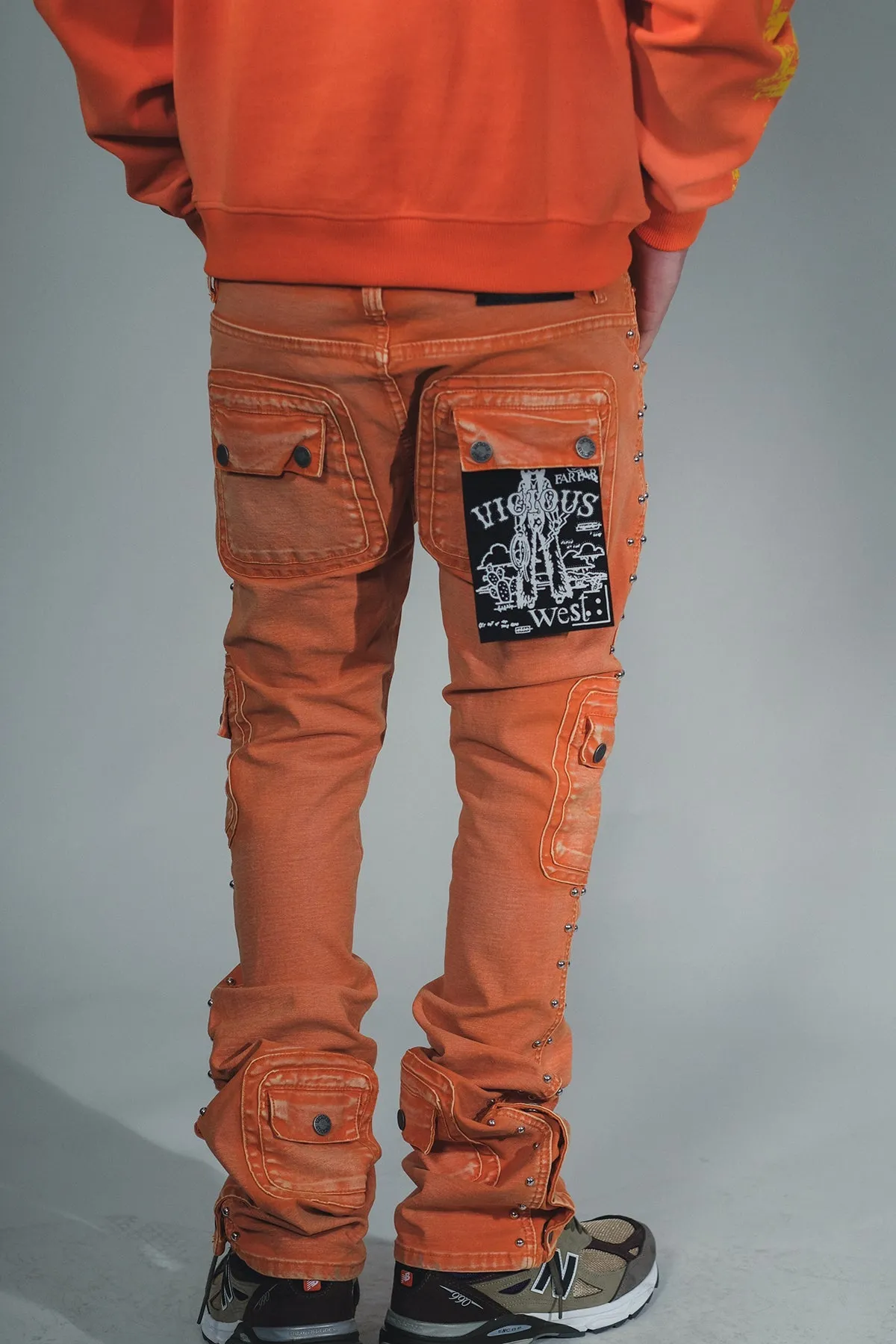 Studded warrior cargo flare fit denim