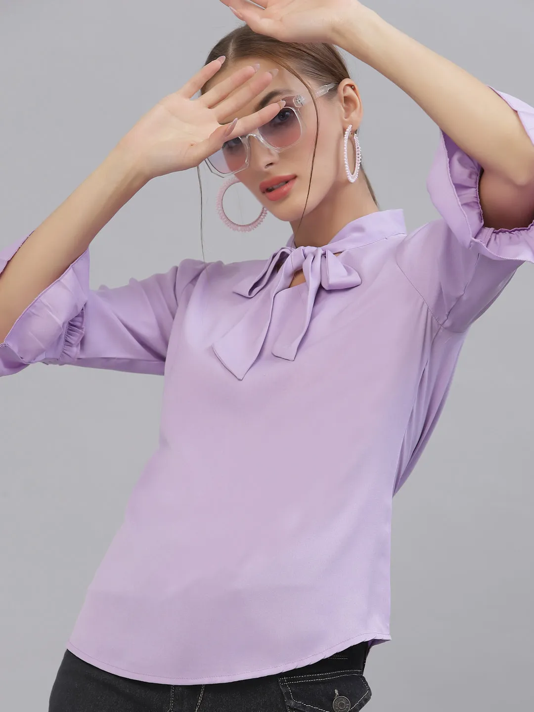 Style Quotient Women Solid Lilac Polymoss Regular smart casual Top