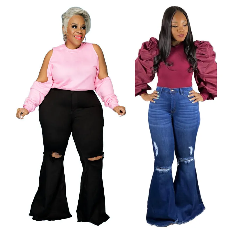 Stylish Wash Plus-size Flare Trousers Women's Young Ripped Jeans