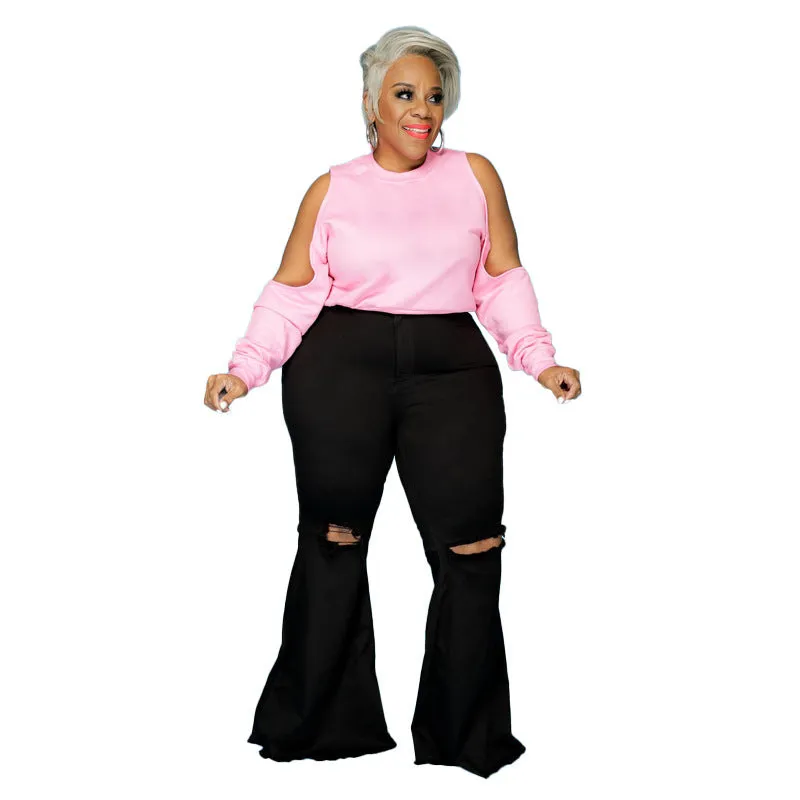 Stylish Wash Plus-size Flare Trousers Women's Young Ripped Jeans