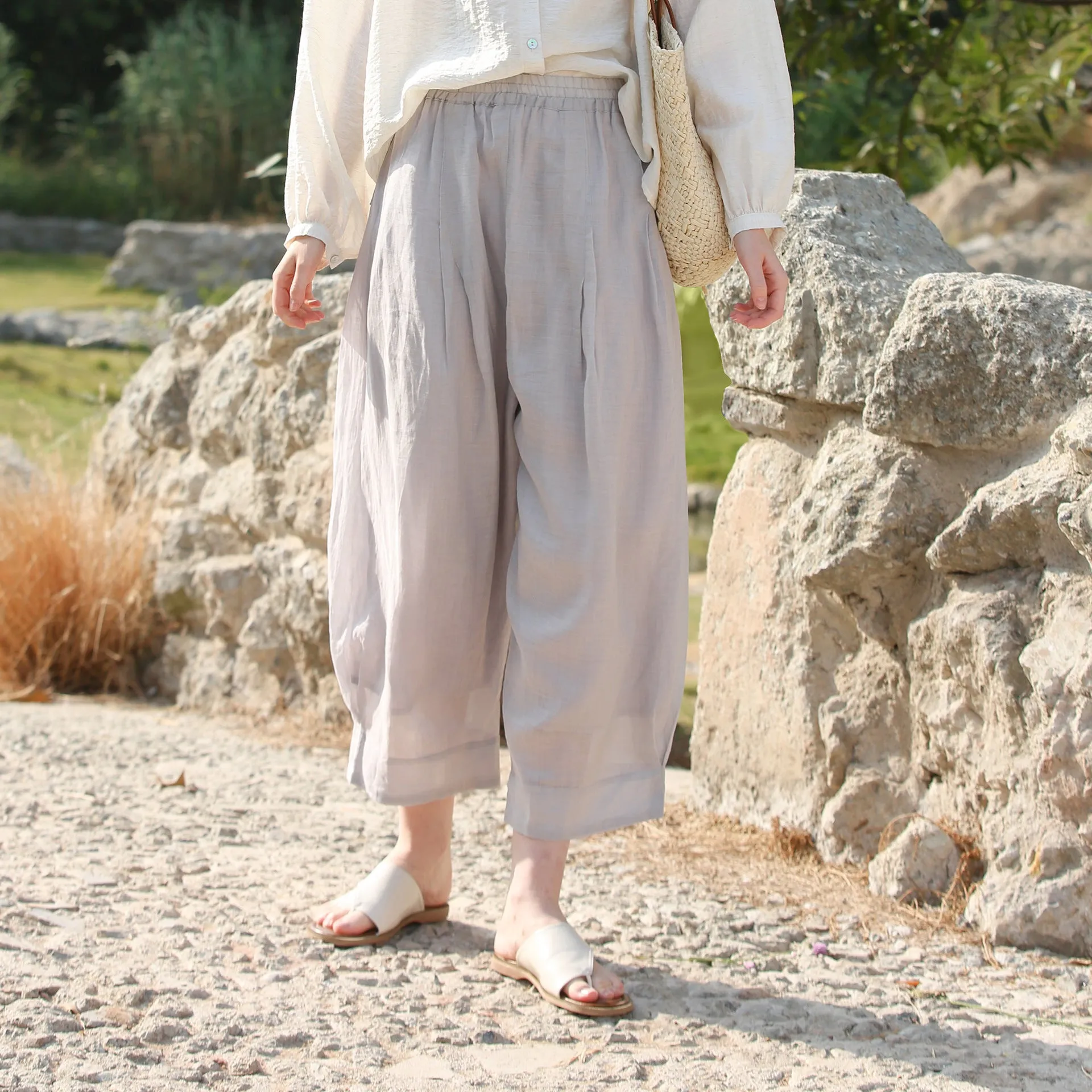 Summer Cotton Linen Peg Topped Pants Loose Elastic Waist Slightly Transparent Double Layer High Count Ramie Mid Length Casual Pants Women
