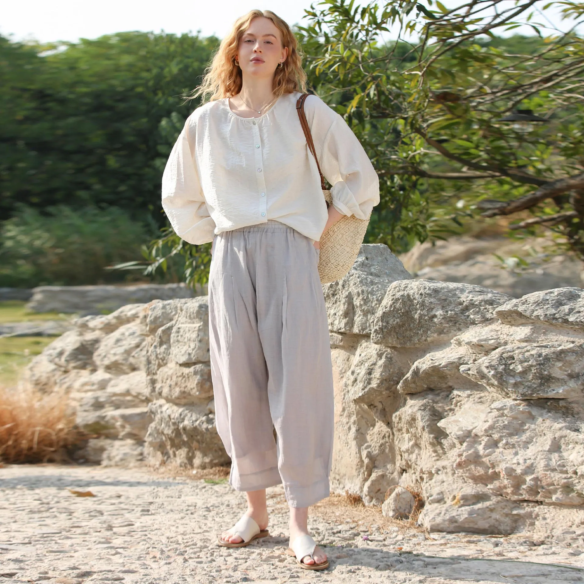 Summer Cotton Linen Peg Topped Pants Loose Elastic Waist Slightly Transparent Double Layer High Count Ramie Mid Length Casual Pants Women