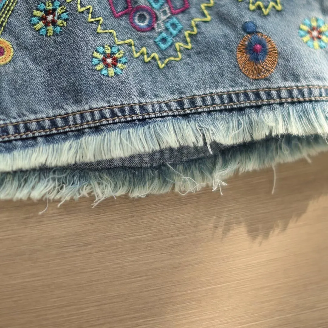 Summer Vintage Floral Embroidered Wide-Leg Denim Capris