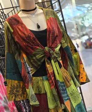 Sun Patchwork Bell Sleeve Crop Top Green