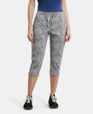 Super Combed Cotton Elastane Stretch Slim Fit Printed Capri with Side Pockets - Light Grey Melange Printed