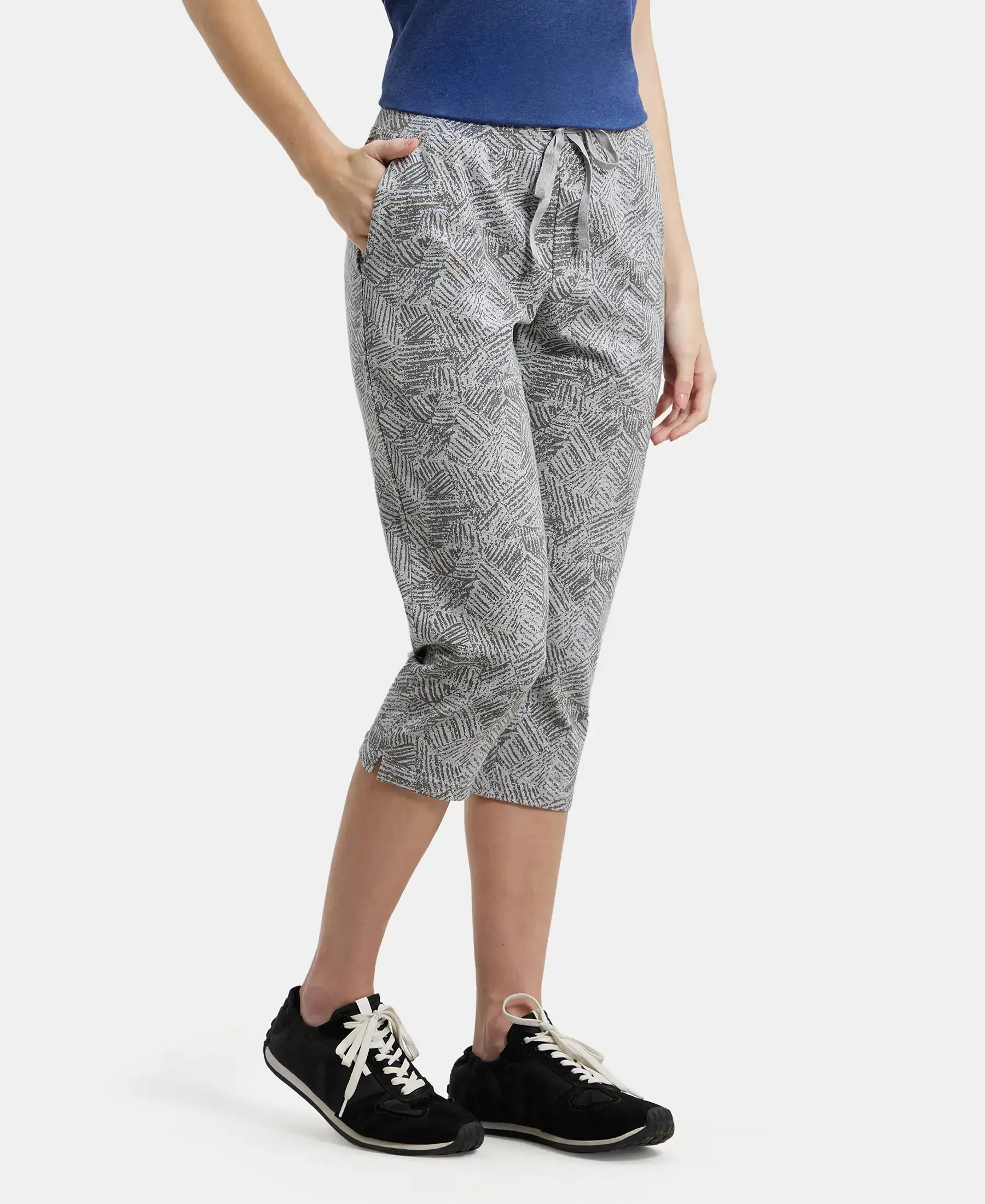 Super Combed Cotton Elastane Stretch Slim Fit Printed Capri with Side Pockets - Light Grey Melange Printed