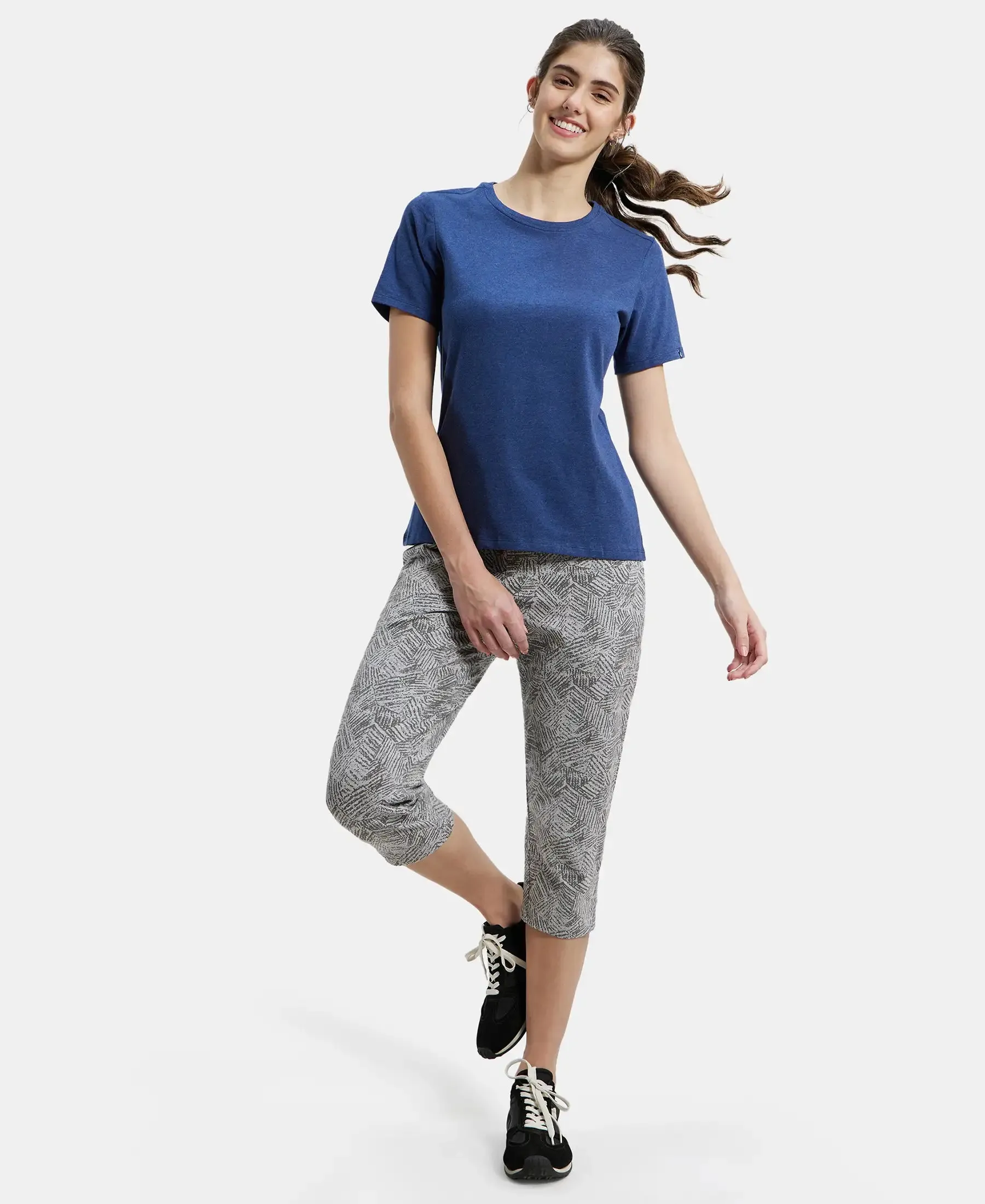 Super Combed Cotton Elastane Stretch Slim Fit Printed Capri with Side Pockets - Light Grey Melange Printed