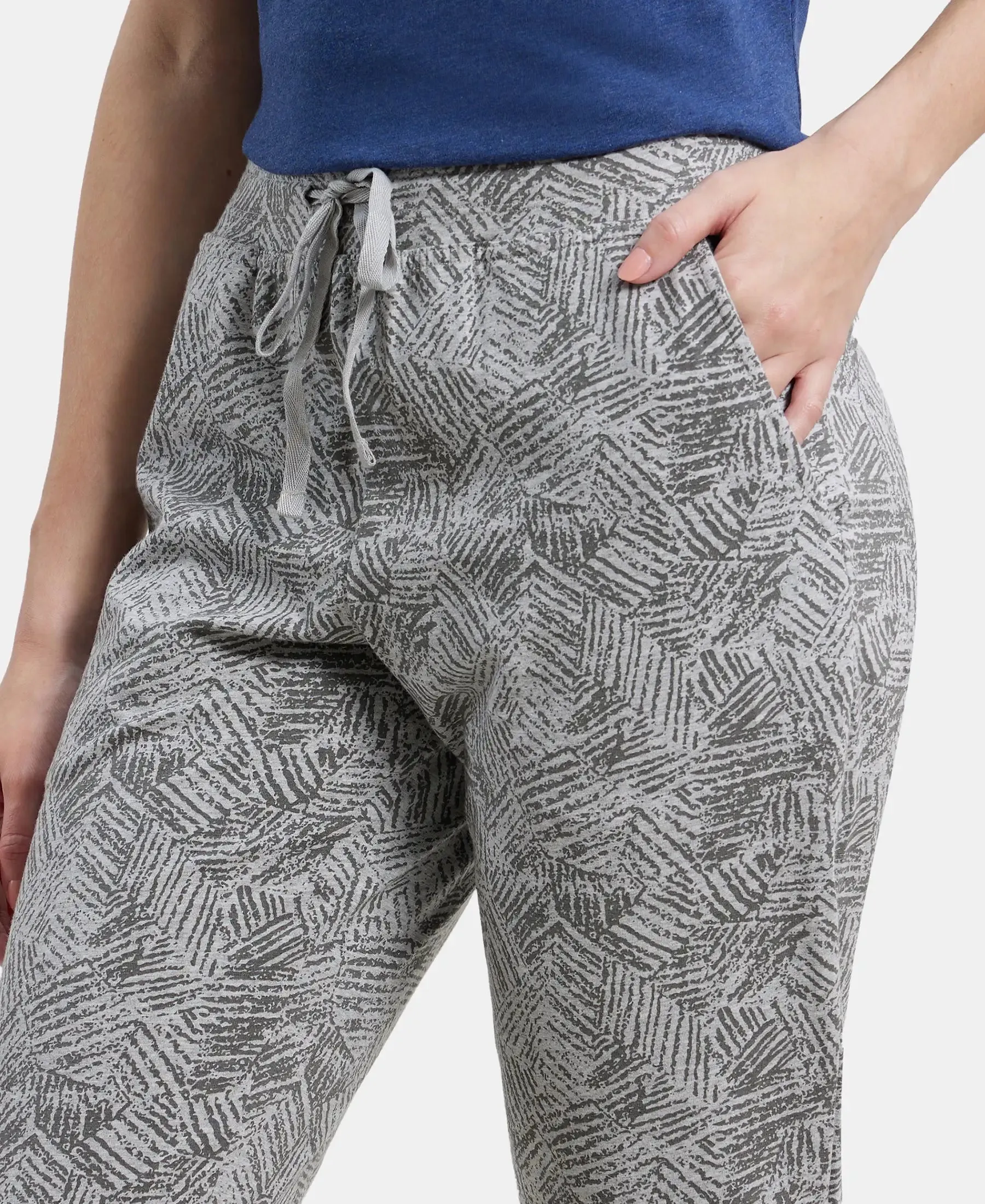 Super Combed Cotton Elastane Stretch Slim Fit Printed Capri with Side Pockets - Light Grey Melange Printed