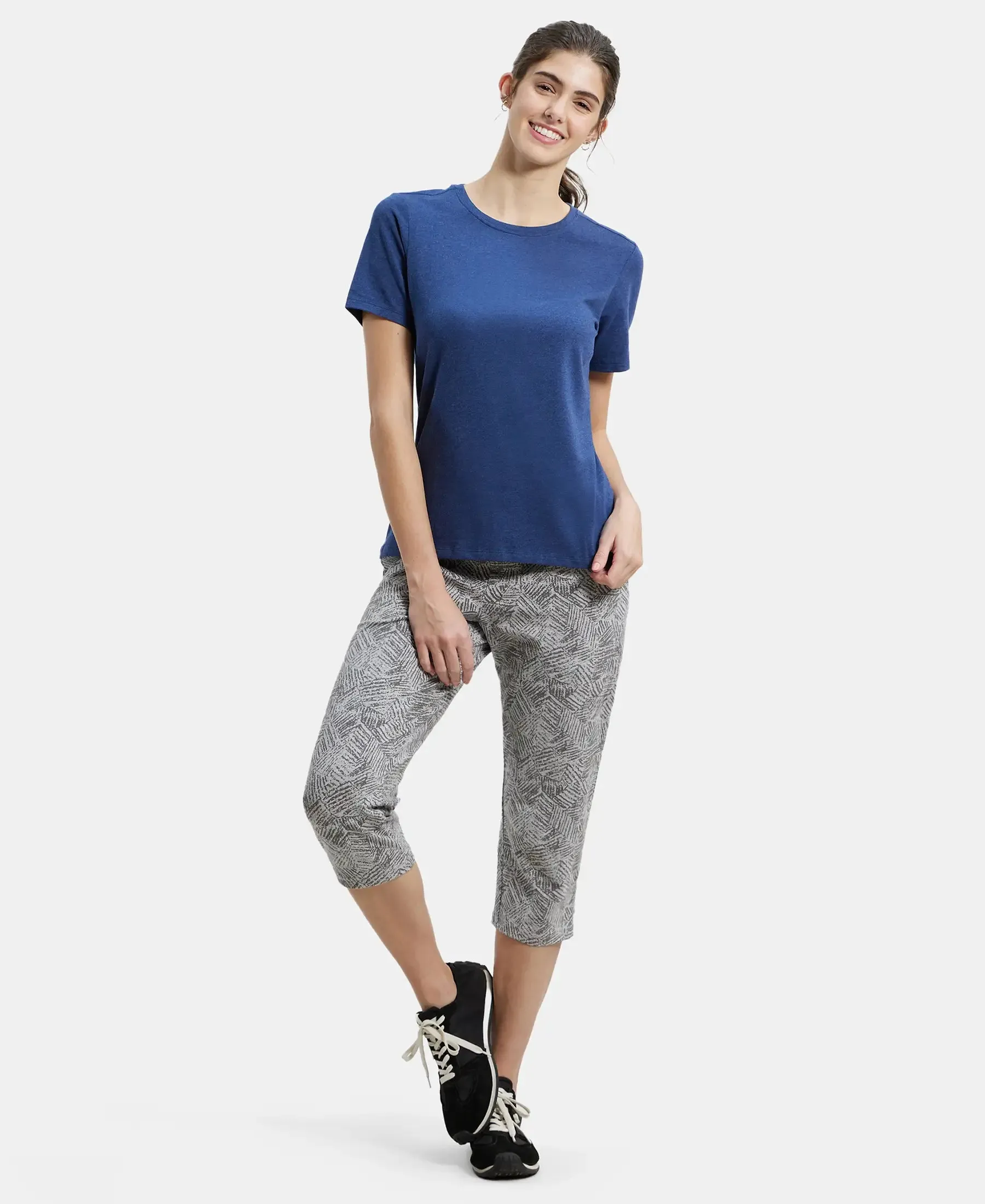Super Combed Cotton Elastane Stretch Slim Fit Printed Capri with Side Pockets - Light Grey Melange Printed
