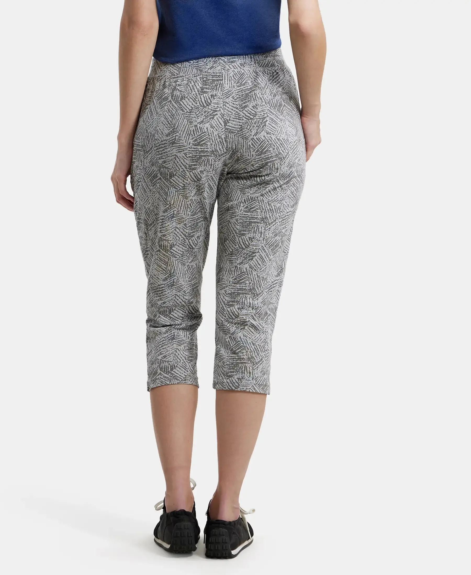 Super Combed Cotton Elastane Stretch Slim Fit Printed Capri with Side Pockets - Light Grey Melange Printed