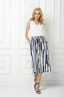 T-INSIDE Fashion Women Elegant Knee Black White Linen Wide Leg Pants Loose Casual Brand Capris Trousers Pantalon Femme