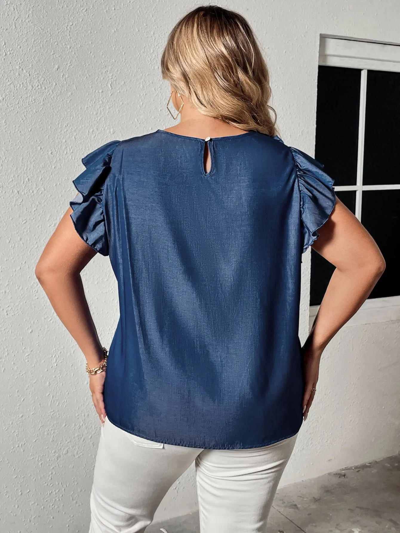 Taken a Shine Flounce Sleeve Frill Trim Blouse in Denim Blue - Curvy