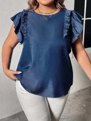 Taken a Shine Flounce Sleeve Frill Trim Blouse in Denim Blue - Curvy
