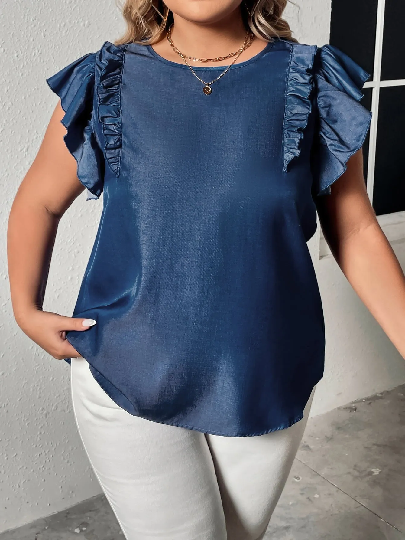 Taken a Shine Flounce Sleeve Frill Trim Blouse in Denim Blue - Curvy