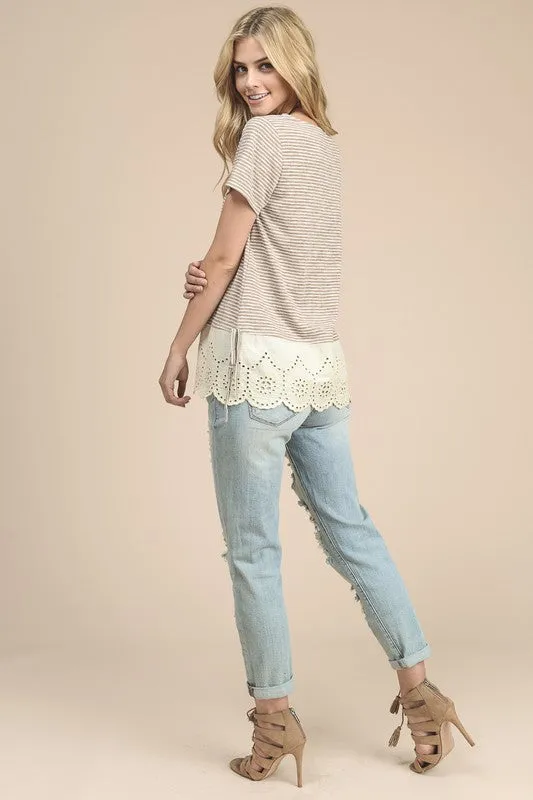 Tan Striped Short Sleeve Top with Side Ties
