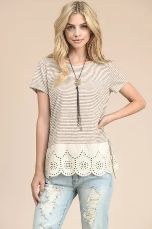 Tan Striped Short Sleeve Top with Side Ties