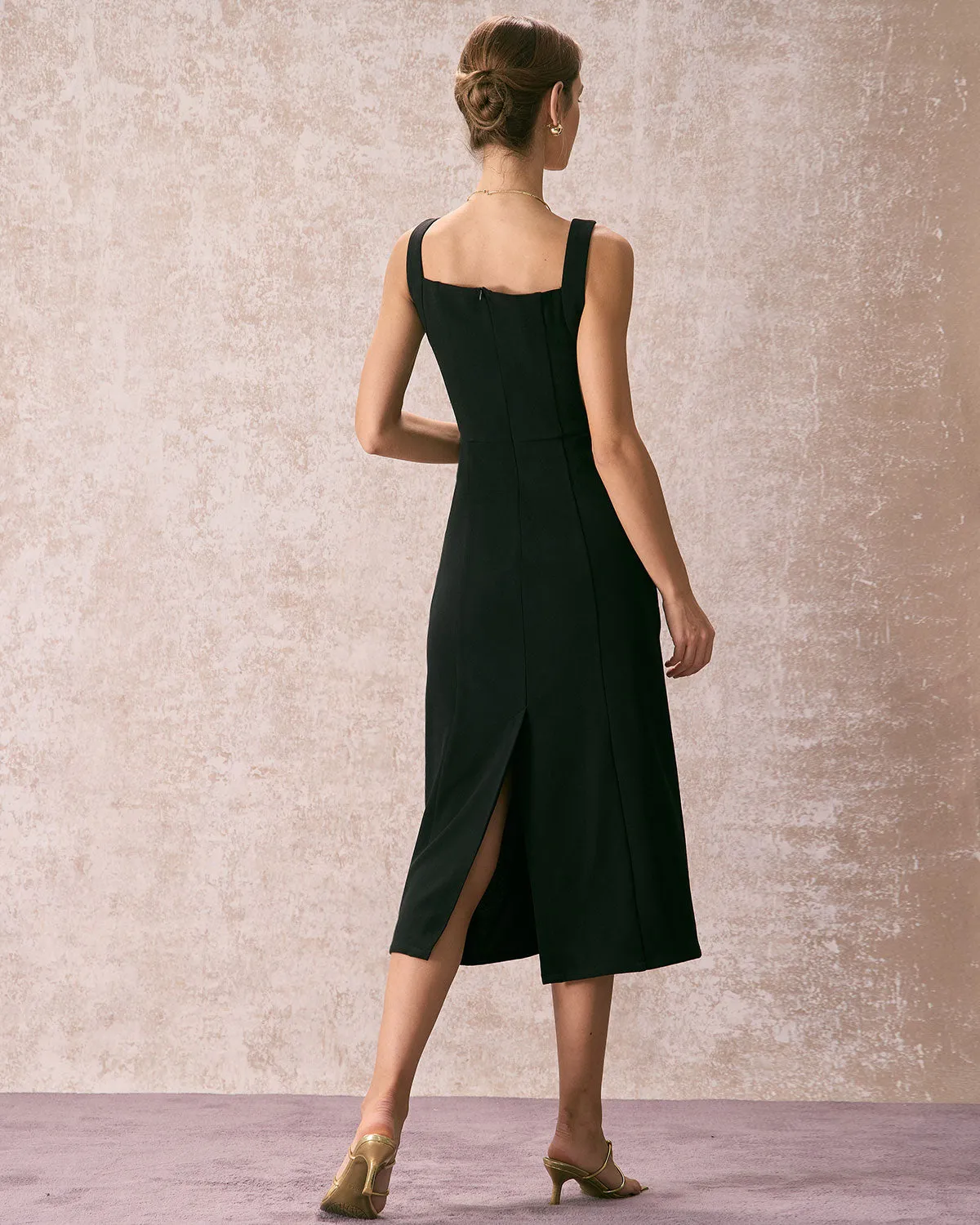 The Black Square Neck Sheath Midi Dress