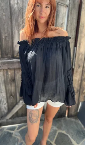 The Ramona Off / On Shoulder Tiered Long Bell Sleeve flowy, flirty and soft. Regular and Plus Sizes.