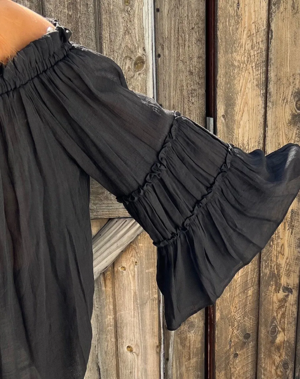 The Ramona Off / On Shoulder Tiered Long Bell Sleeve flowy, flirty and soft. Regular and Plus Sizes.