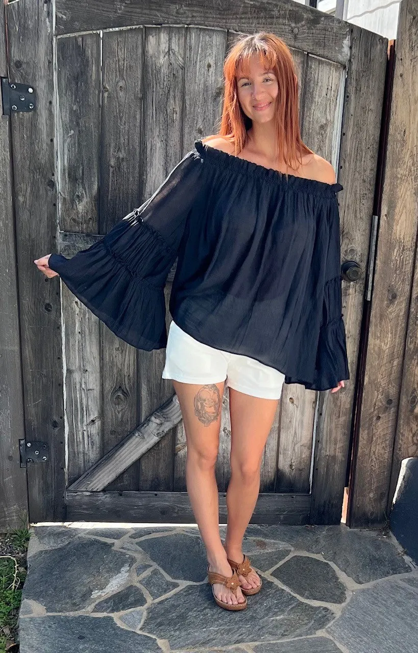 The Ramona Off / On Shoulder Tiered Long Bell Sleeve flowy, flirty and soft. Regular and Plus Sizes.