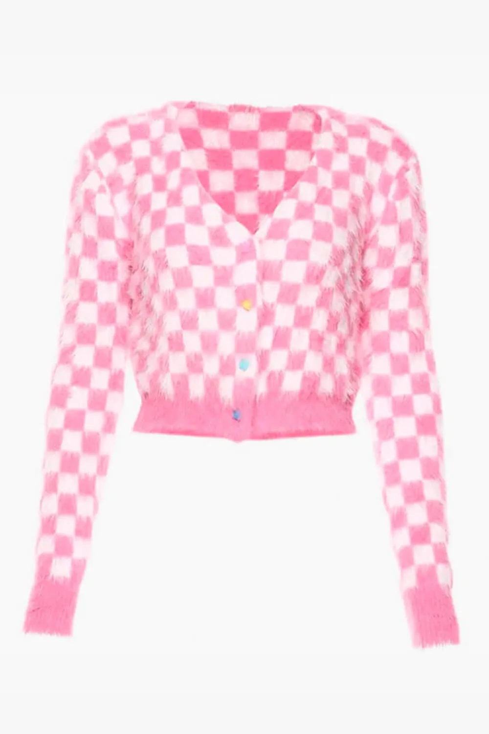 themeisles Fuzzy Pink Checkered Cropped Cardigan