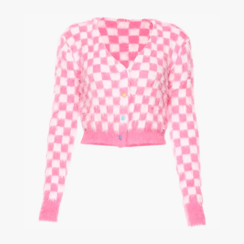 themeisles Fuzzy Pink Checkered Cropped Cardigan
