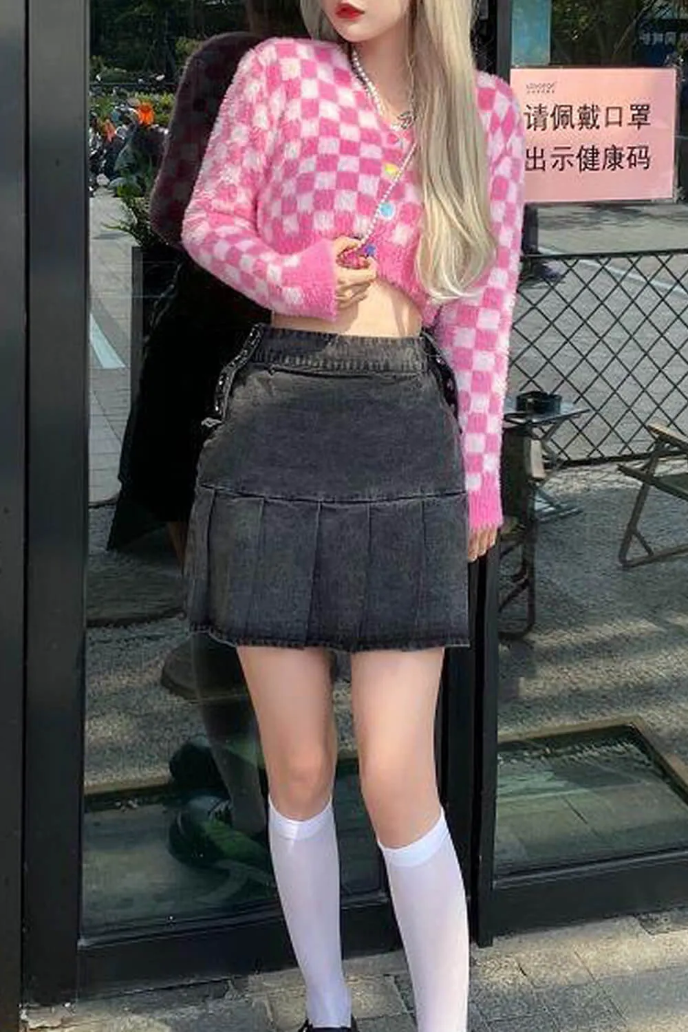 themeisles Fuzzy Pink Checkered Cropped Cardigan