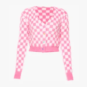 themeisles Fuzzy Pink Checkered Cropped Cardigan