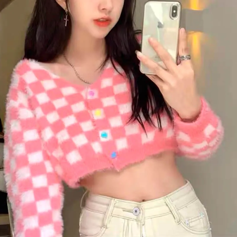 themeisles Fuzzy Pink Checkered Cropped Cardigan