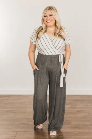 Thinking Of Us Striped Jumpsuit- Ivory & Charcoal