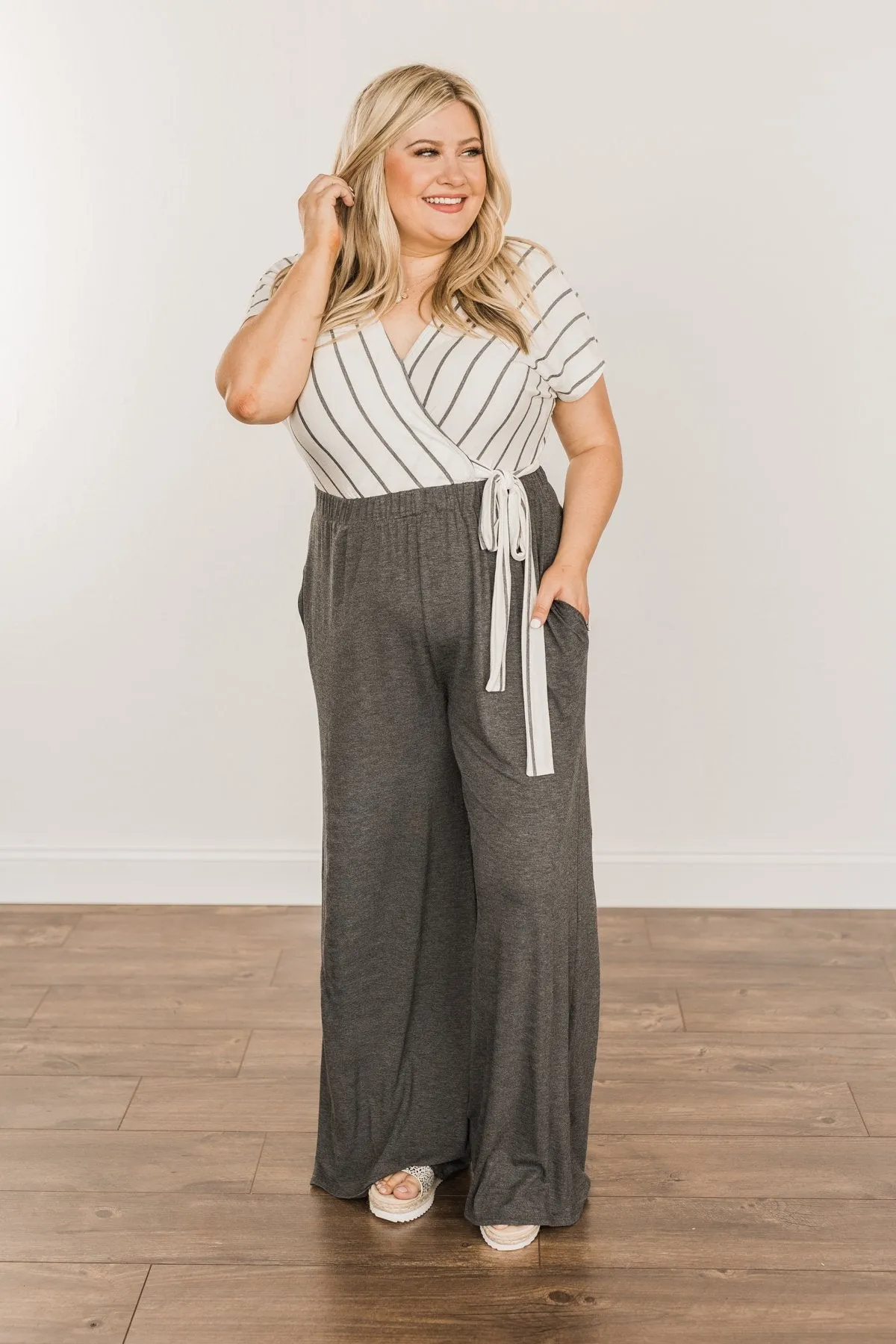 Thinking Of Us Striped Jumpsuit- Ivory & Charcoal