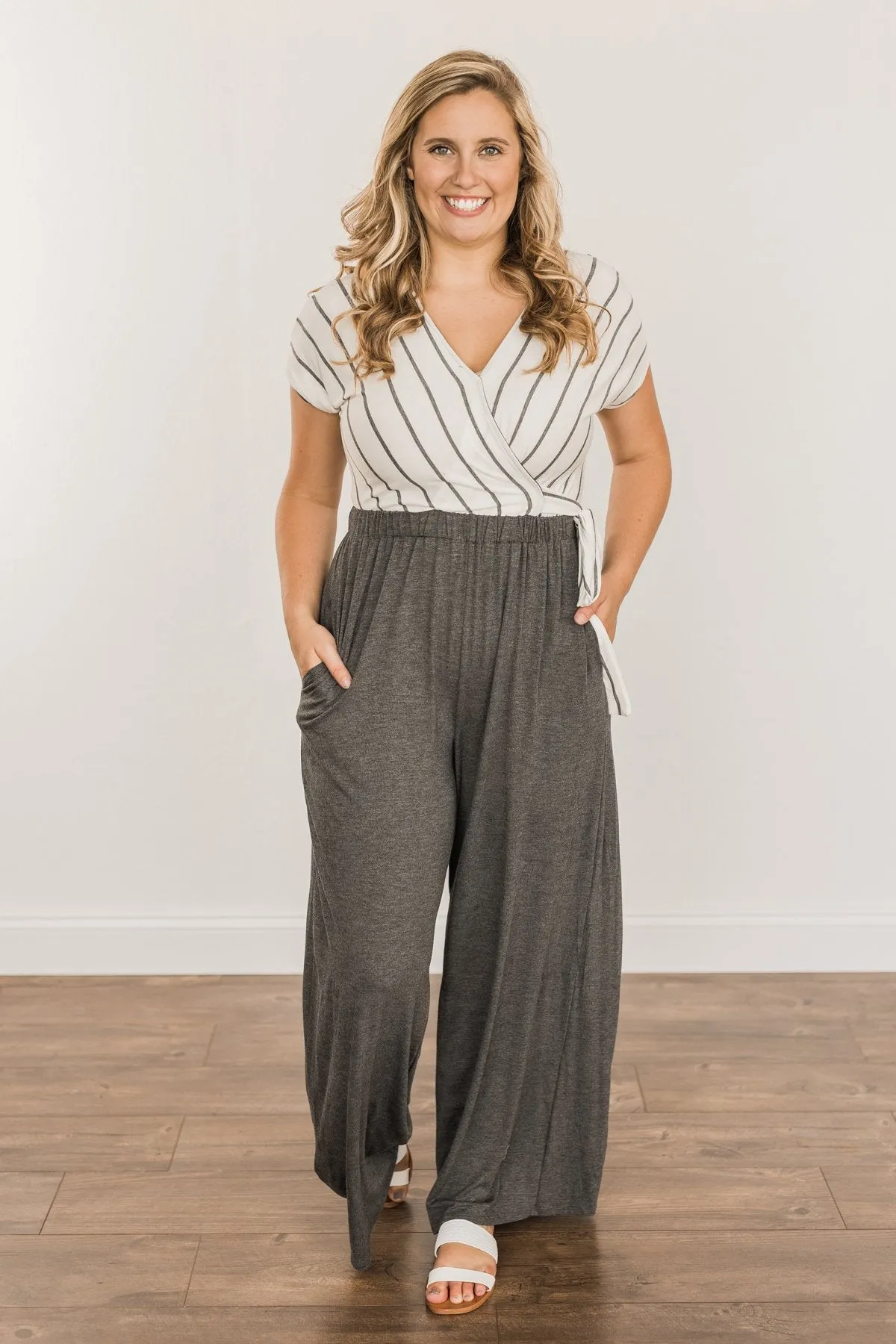 Thinking Of Us Striped Jumpsuit- Ivory & Charcoal