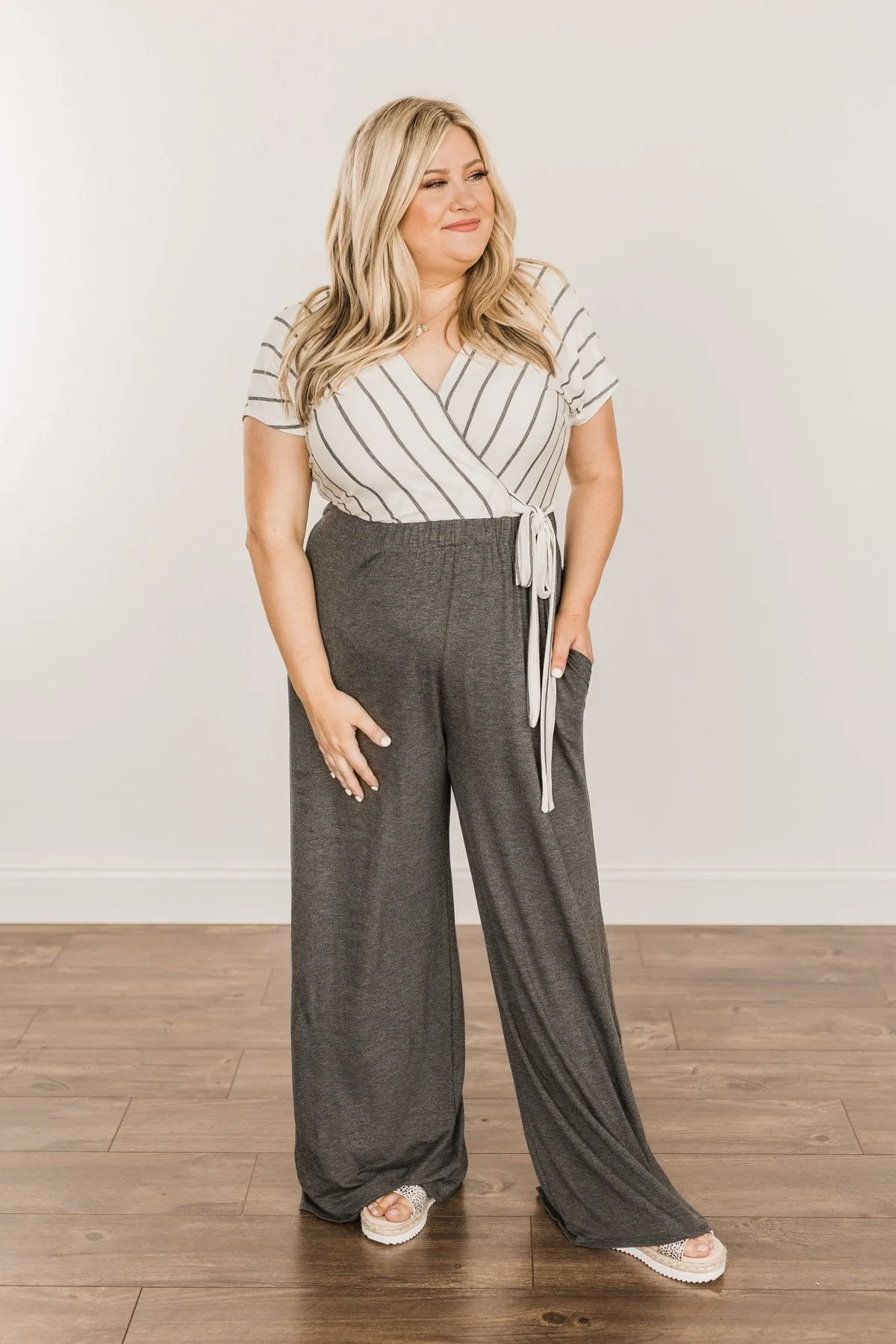 Thinking Of Us Striped Jumpsuit- Ivory & Charcoal