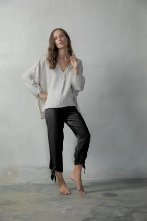 Tie-Knot Linen Capri Pants Black