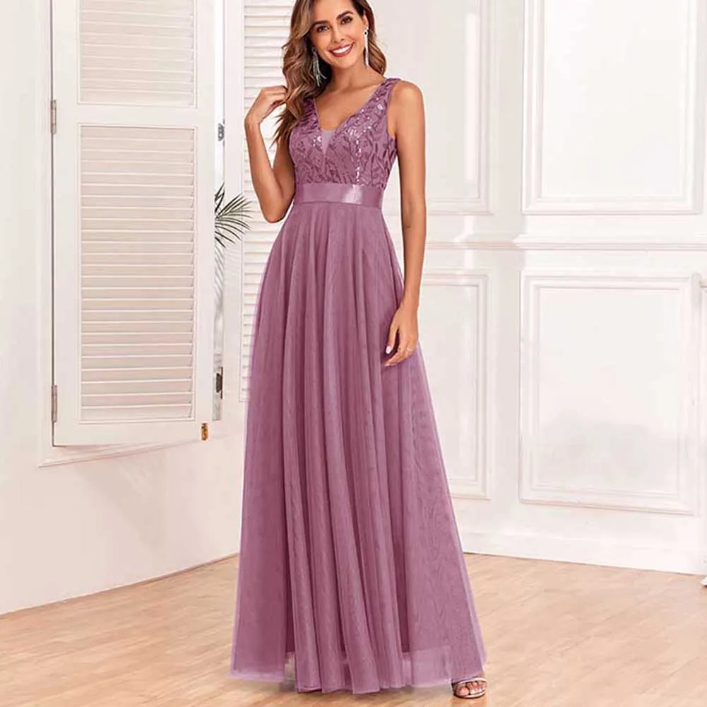 Tulle Sequin Wedding Guest Dress V-Neck Sleeveless Long Evening Dress